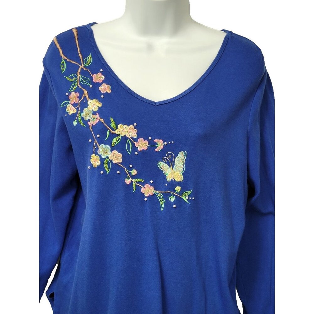 Quacker Factory Womens Floral Embroidered Top Size S Long Sleeve Cotton‎ Cottage